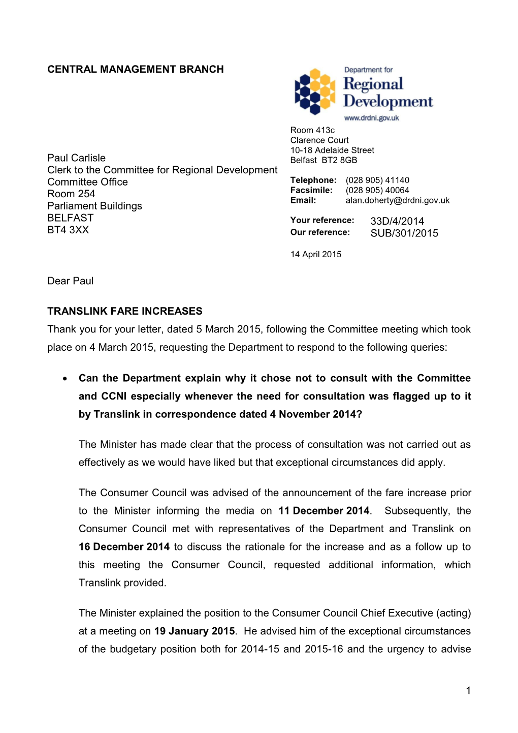DRD Response to Queries on Translink Fare Increases
