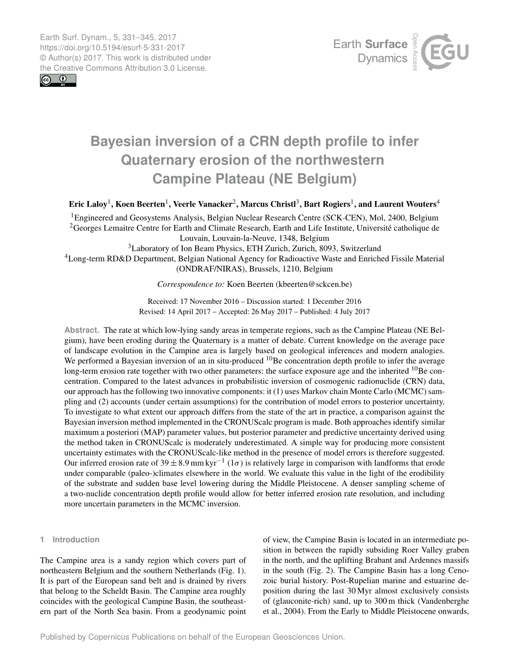 Bayesian Inversion of a CRN Depth Profile to Infer Quaternary Erosion Of