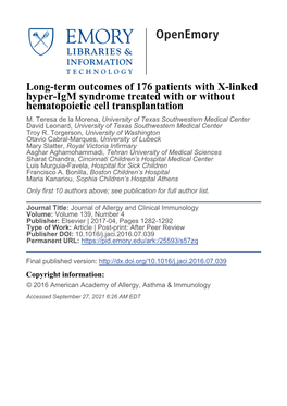 Long-Term Outcomes of 176 Patients with X-Linked Hyper-Igm Syndrome Treated with Or Without Hematopoietic Cell Transplantation M