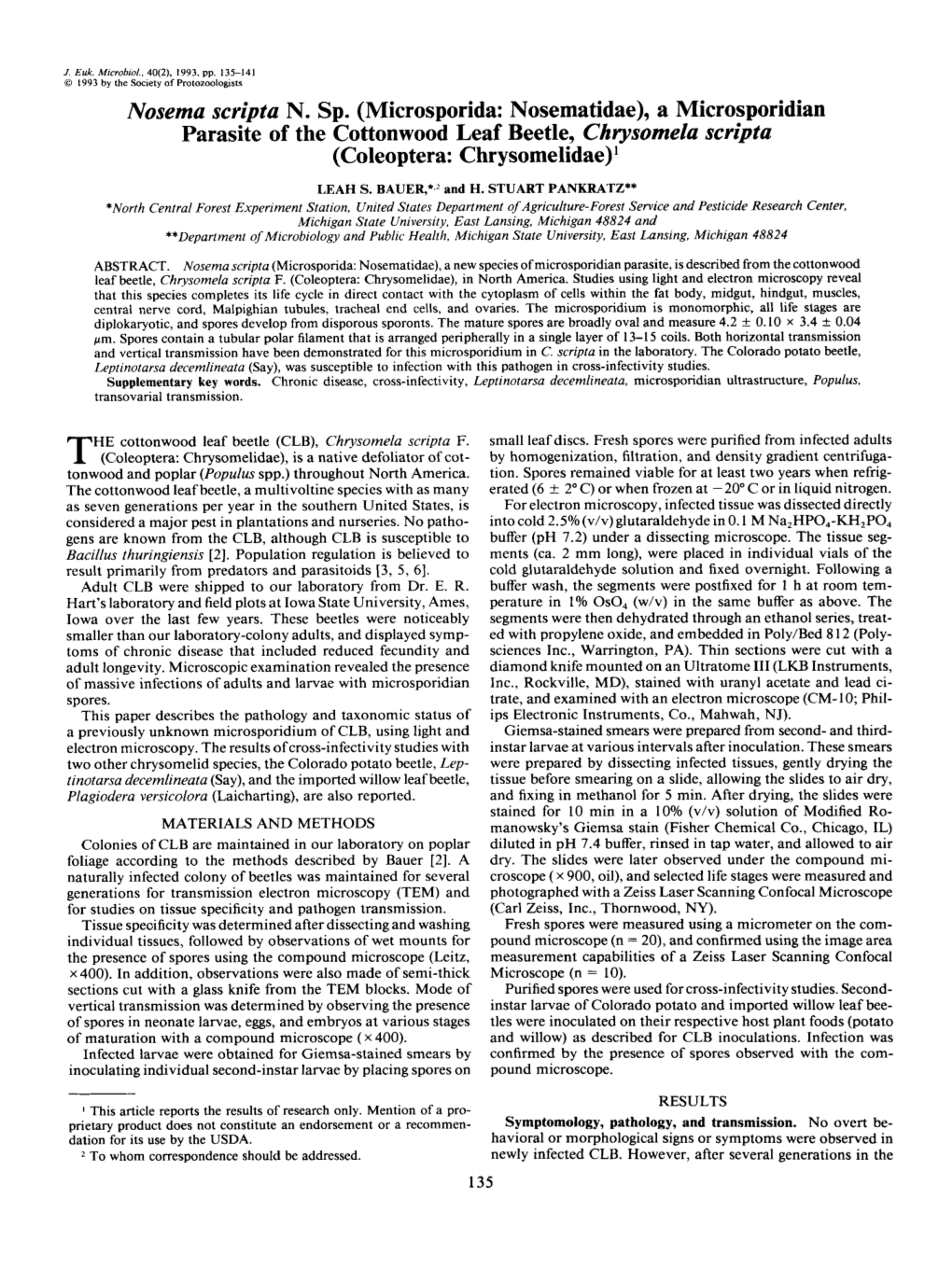 Microsporida: Nosematidae), a Microsporidian Parasite of the Cottonwood Leaf Beetle, Chrysomela Scripta (Coleoptera: Chrysomelidae)'