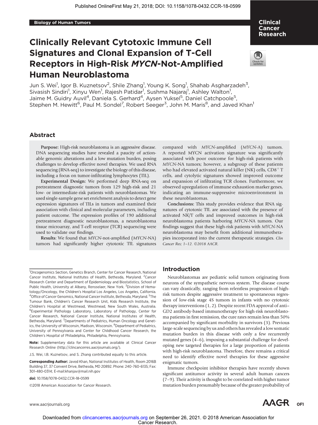 Clinically Relevant Cytotoxic Immune Cell Signatures and Clonal Expansion of T-Cell Receptors in High-Risk MYCN-Not-Ampliﬁed Human Neuroblastoma Jun S