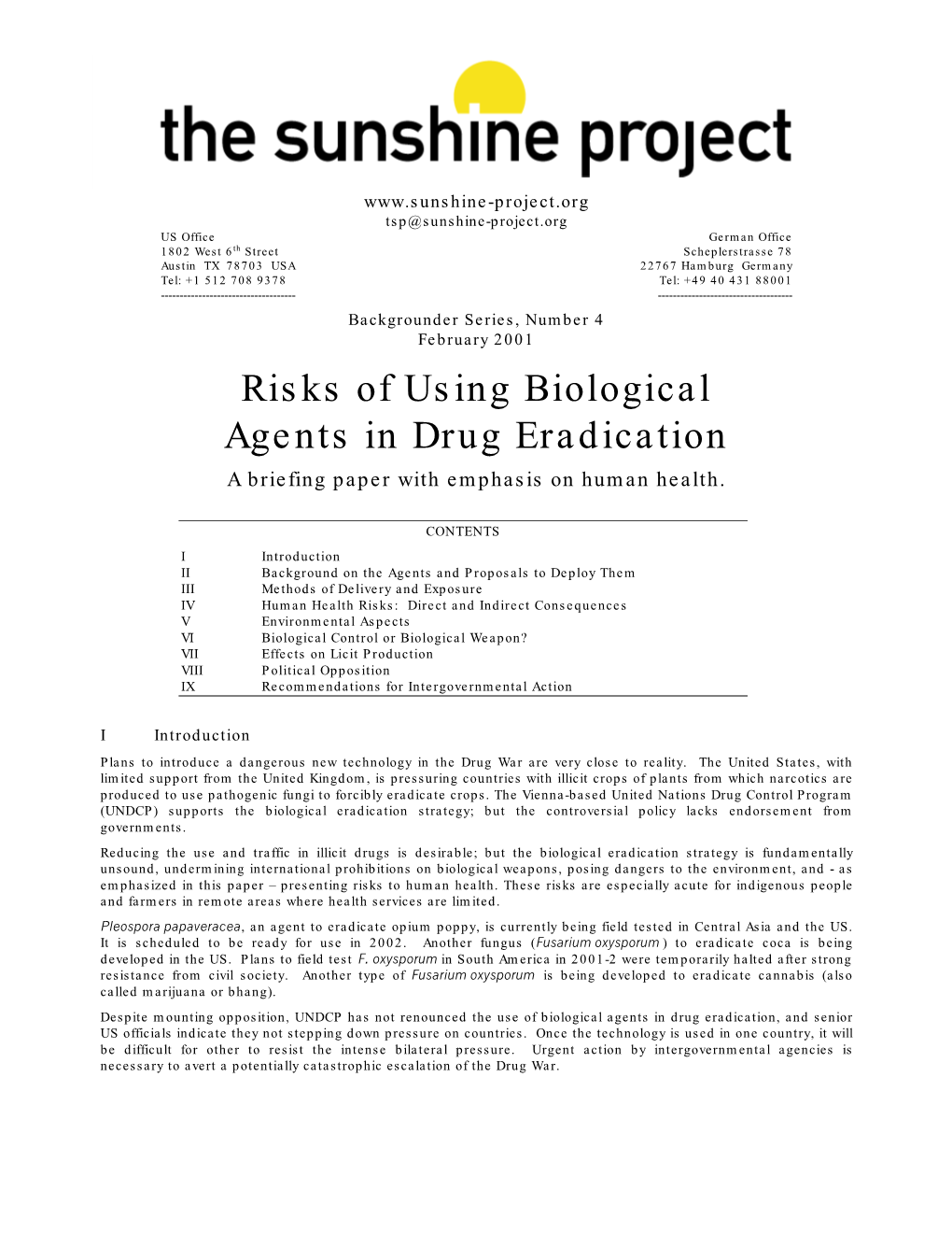 Risks of Using Biological Agents in Drug Eradication a Briefing Paper with Emphasis on Human Health