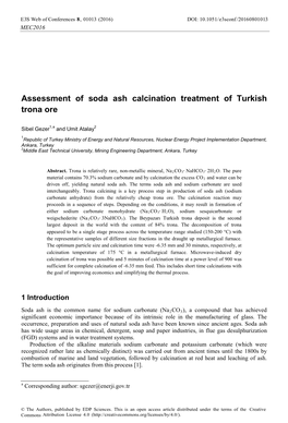 Assessment of Soda Ash Calcination Treatment of Turkish Trona Ore