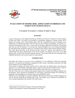 Evaluation of Seismic Risk: Applications to Bridges and Viaducts in Veneto Ragion (Ne Italy)