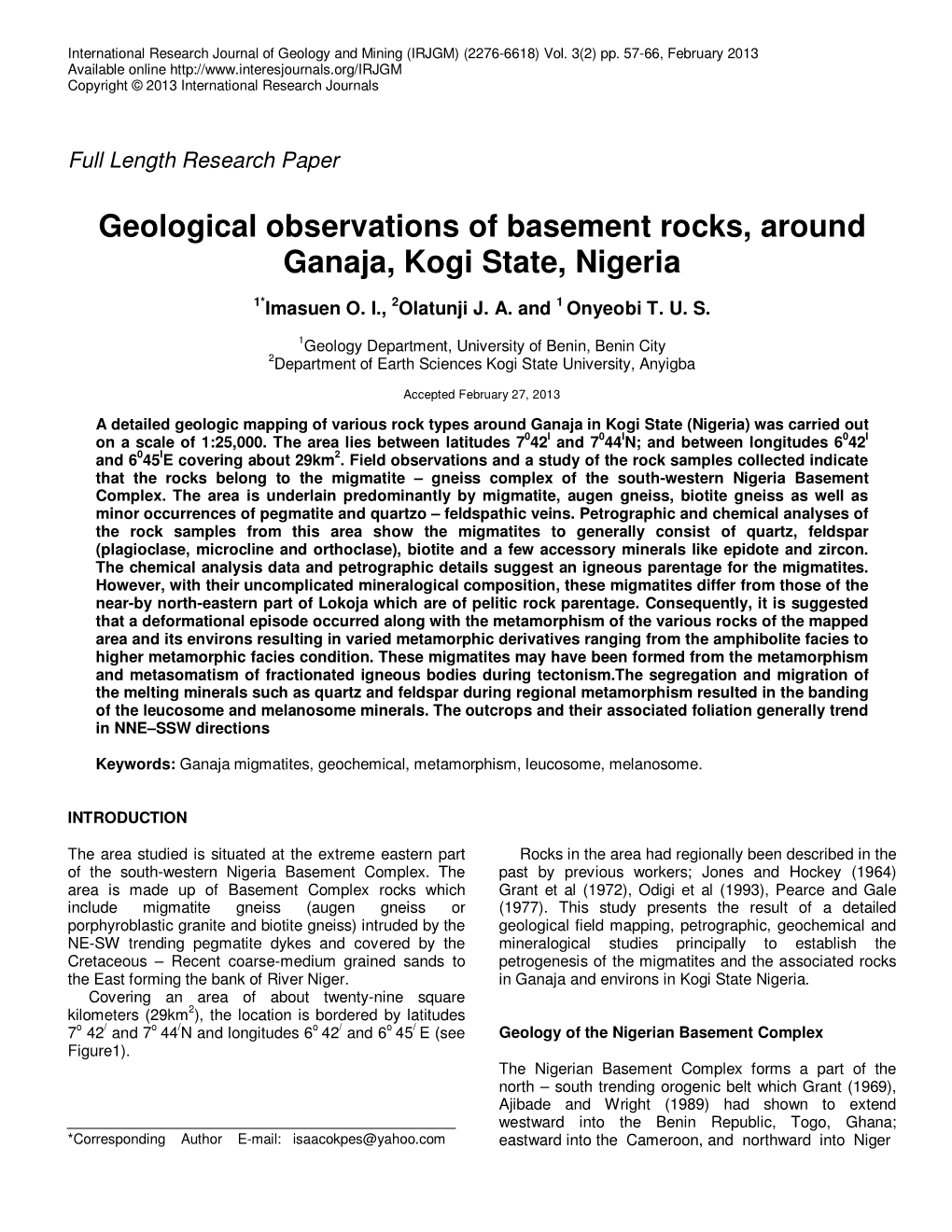 Geological Observations of Basement Rocks, Around Ganaja, Kogi State, Nigeria