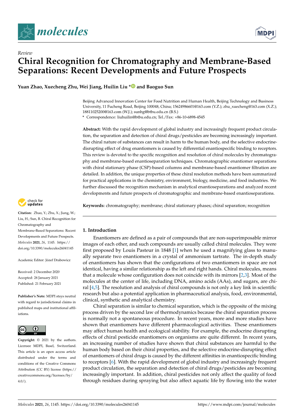 Chiral Recognition for Chromatography and Membrane-Based Separations: Recent Developments and Future Prospects