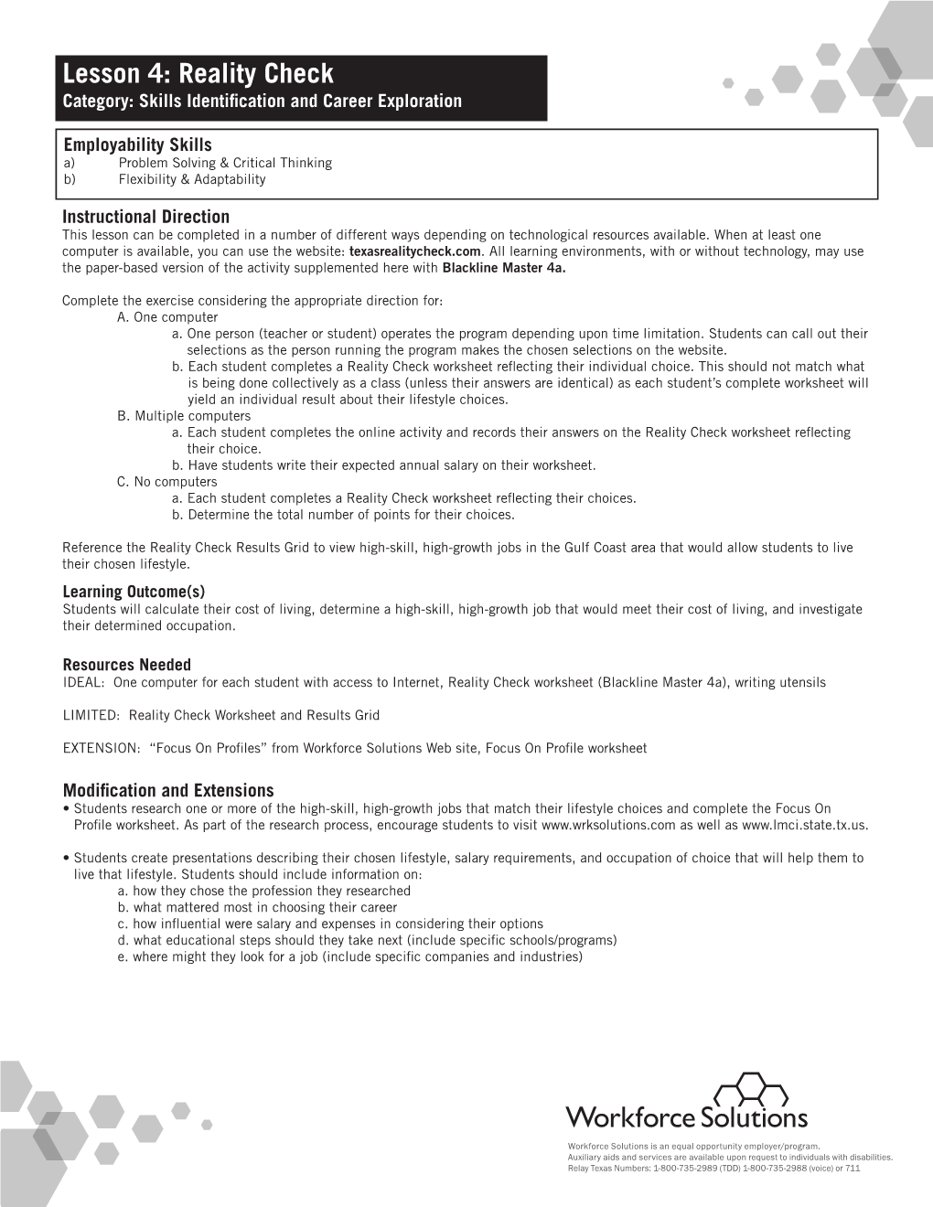 Lesson 4: Reality Check Category: Skills Identification and Career Exploration