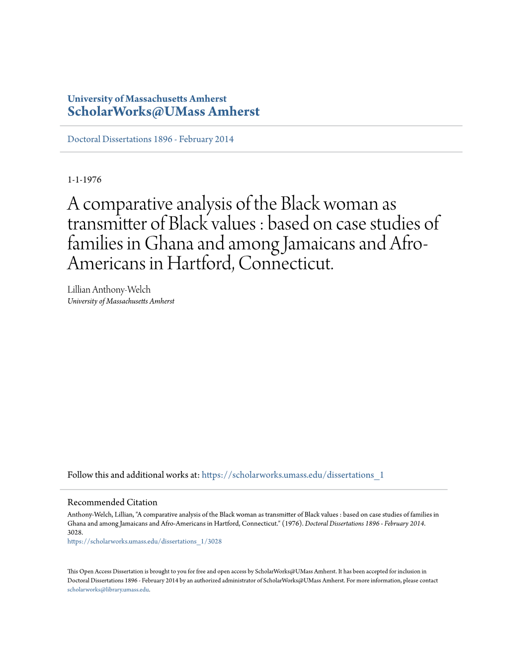 Based on Case Studies of Families in Ghana and Among Jamaicans and Afro- Americans in Hartford, Connecticut