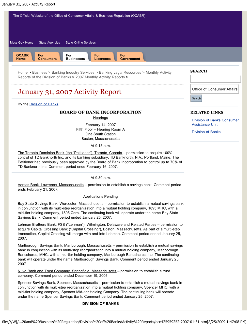 January 31, 2007 Activity Report