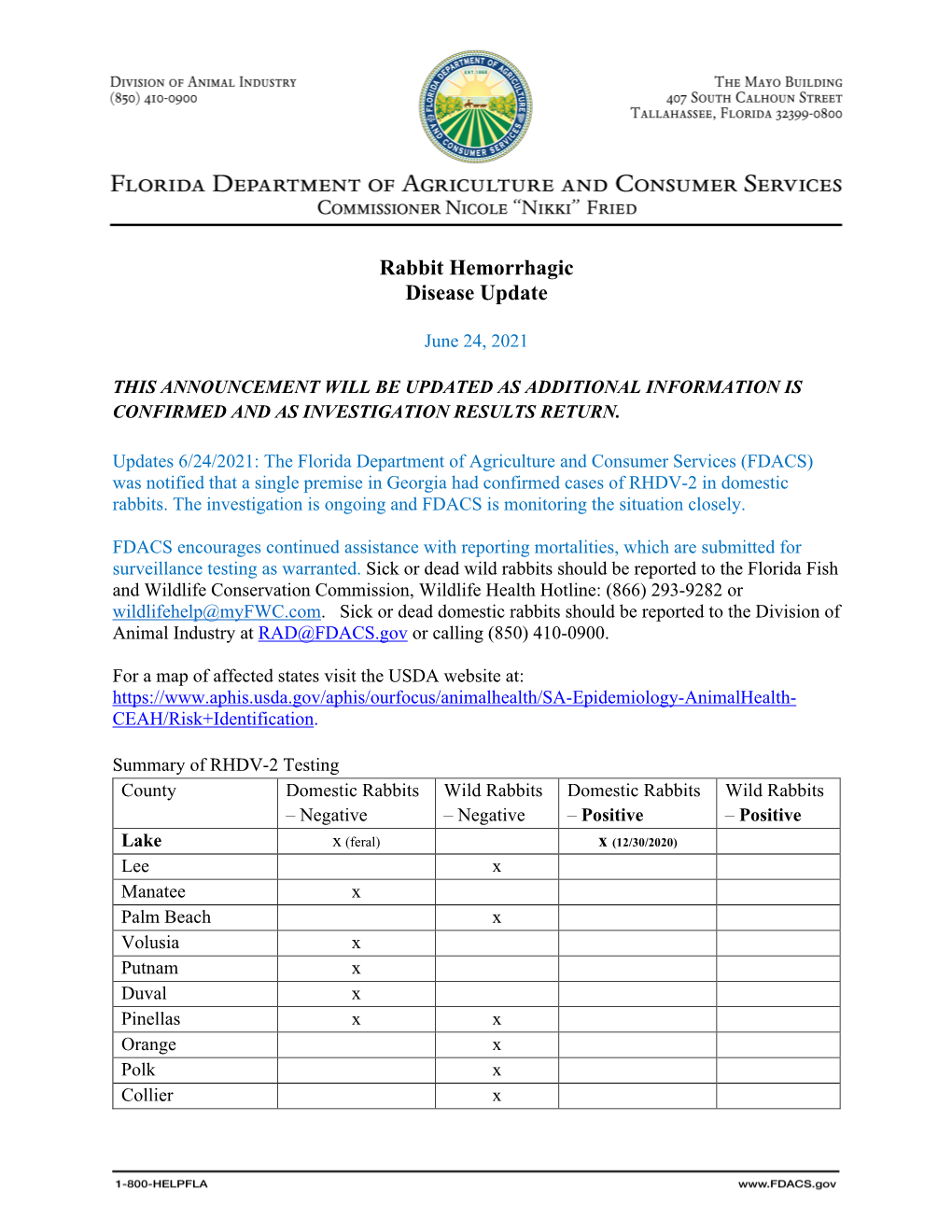 Rabbit Hemorrhagic Disease Update