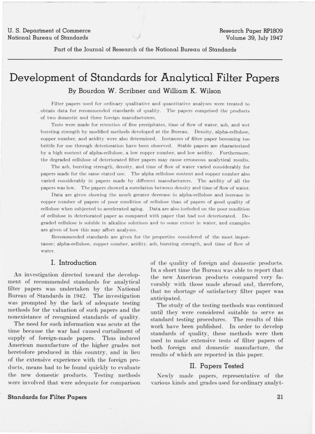 Development of Standards for Analytical Filter Papers by Bourdon W