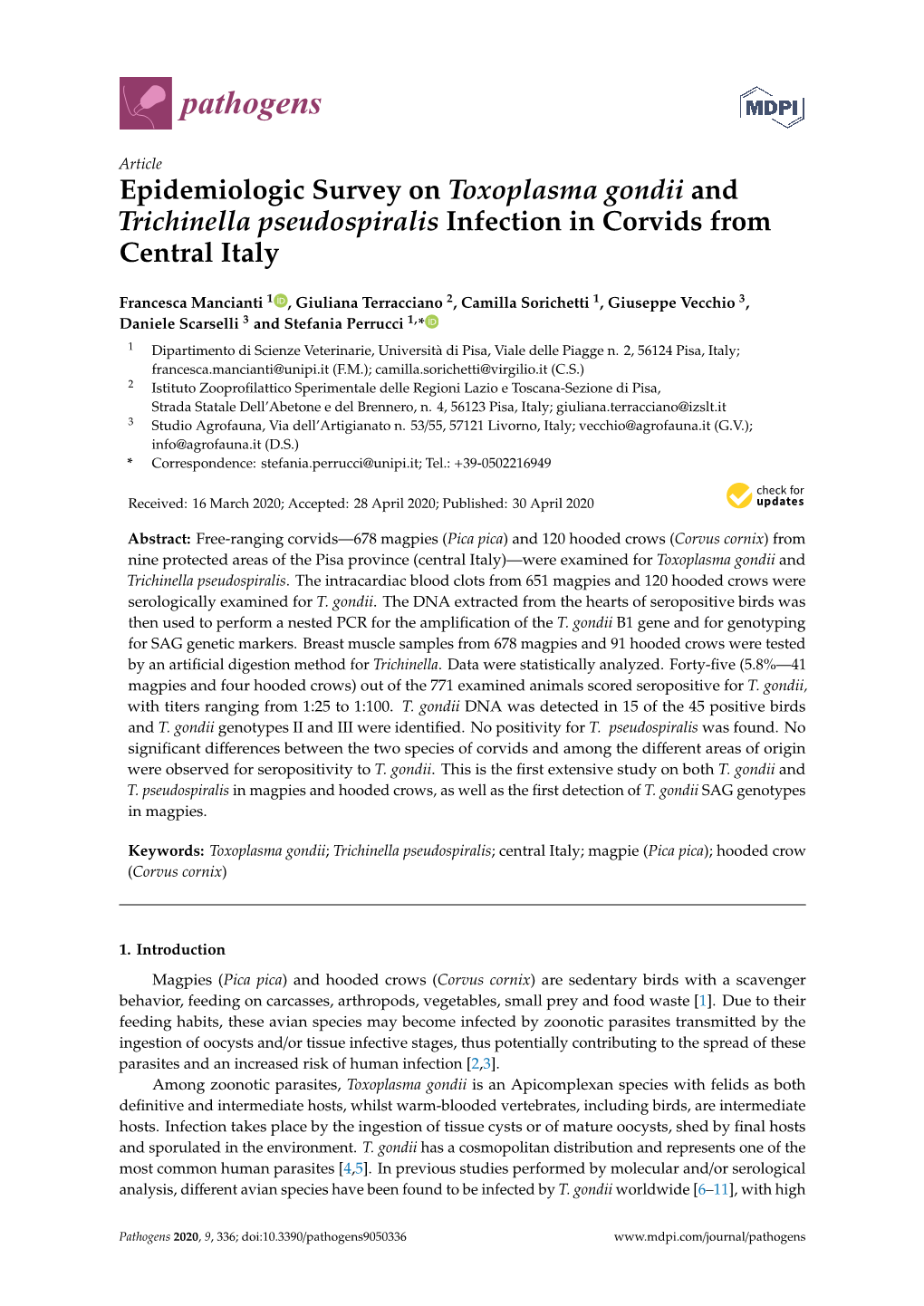 Epidemiologic Survey on Toxoplasma Gondii and Trichinella Pseudospiralis Infection in Corvids from Central Italy