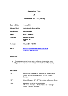 Curriculum Vitae of Johannes P. Du Toit (Johan)
