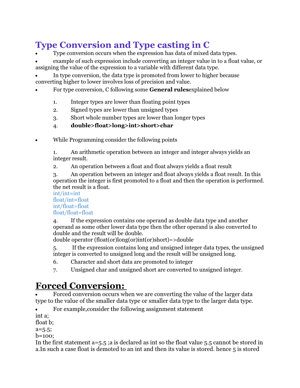 Type Conversion and Type Casting in C Forced Conversion