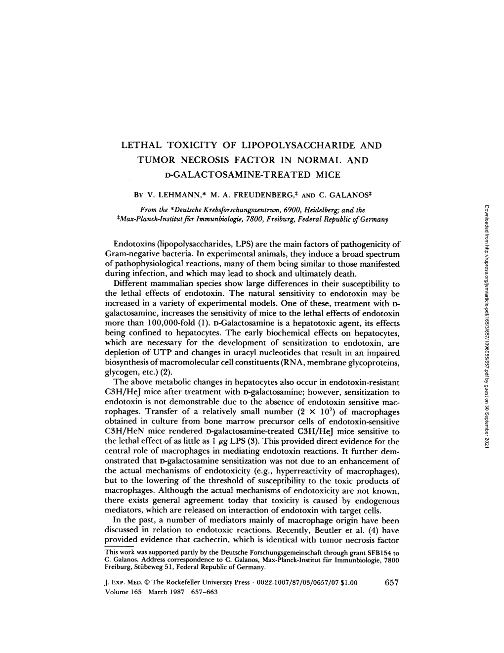 Lethal Toxicity of Lipopolysaccharide and Tumor Necrosis Factor in Normal and D-Galactosamine-Treated Mice