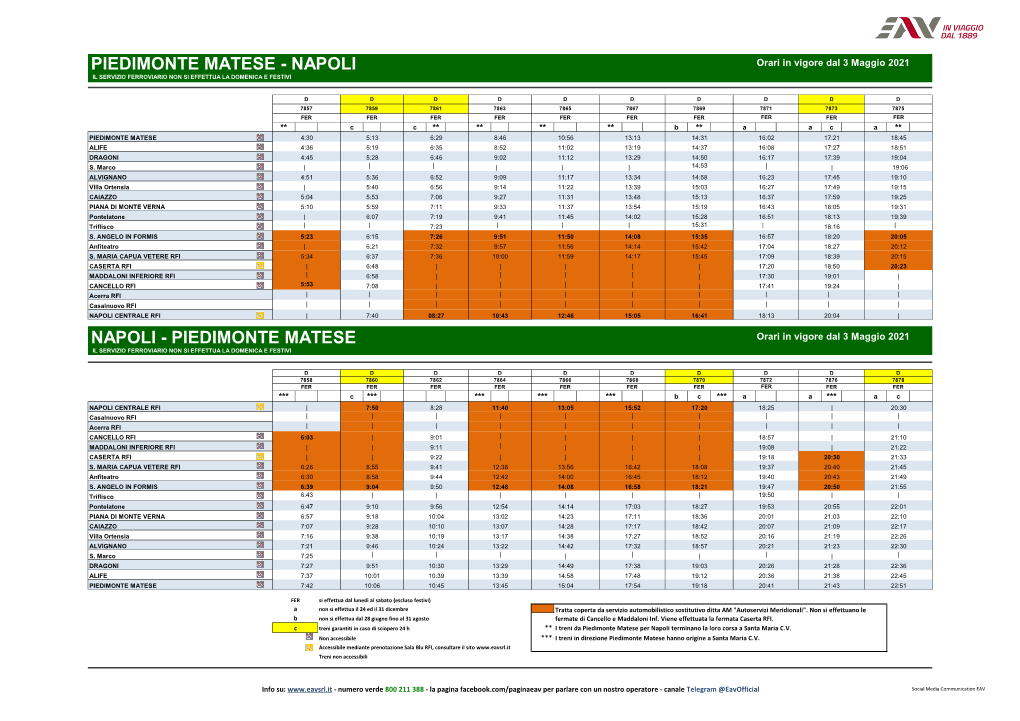 PIEDIMONTE MATESE - NAPOLI Orari in Vigore Dal 3 Maggio 2021 IL SERVIZIO FERROVIARIO NON SI EFFETTUA LA DOMENICA E FESTIVI
