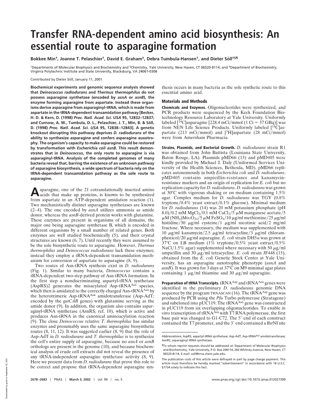 Transfer RNA-Dependent Amino Acid Biosynthesis: an Essential Route to Asparagine Formation