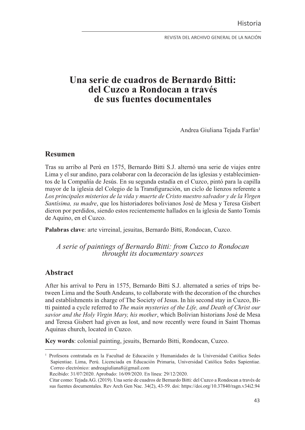 Una Serie De Cuadros De Bernardo Bitti: Del Cuzco a Rondocan a Través De Sus Fuentes Documentales