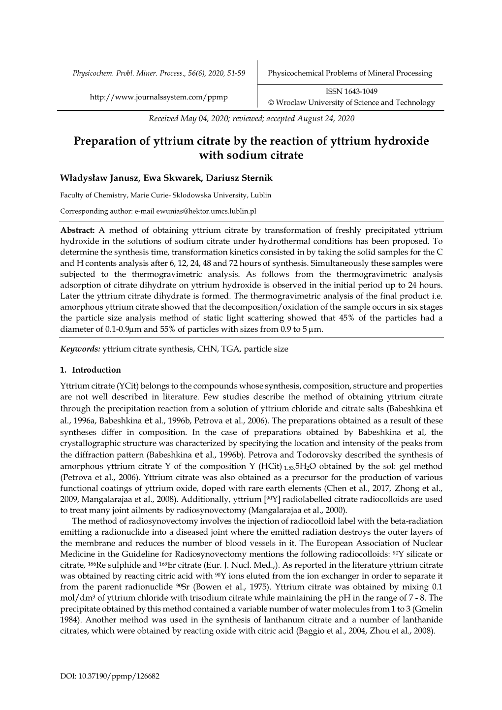 Preparation of Yttrium Citrate by the Reaction of Yttrium Hydroxide with Sodium Citrate