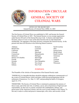 Information Circular General Society of Colonial Wars