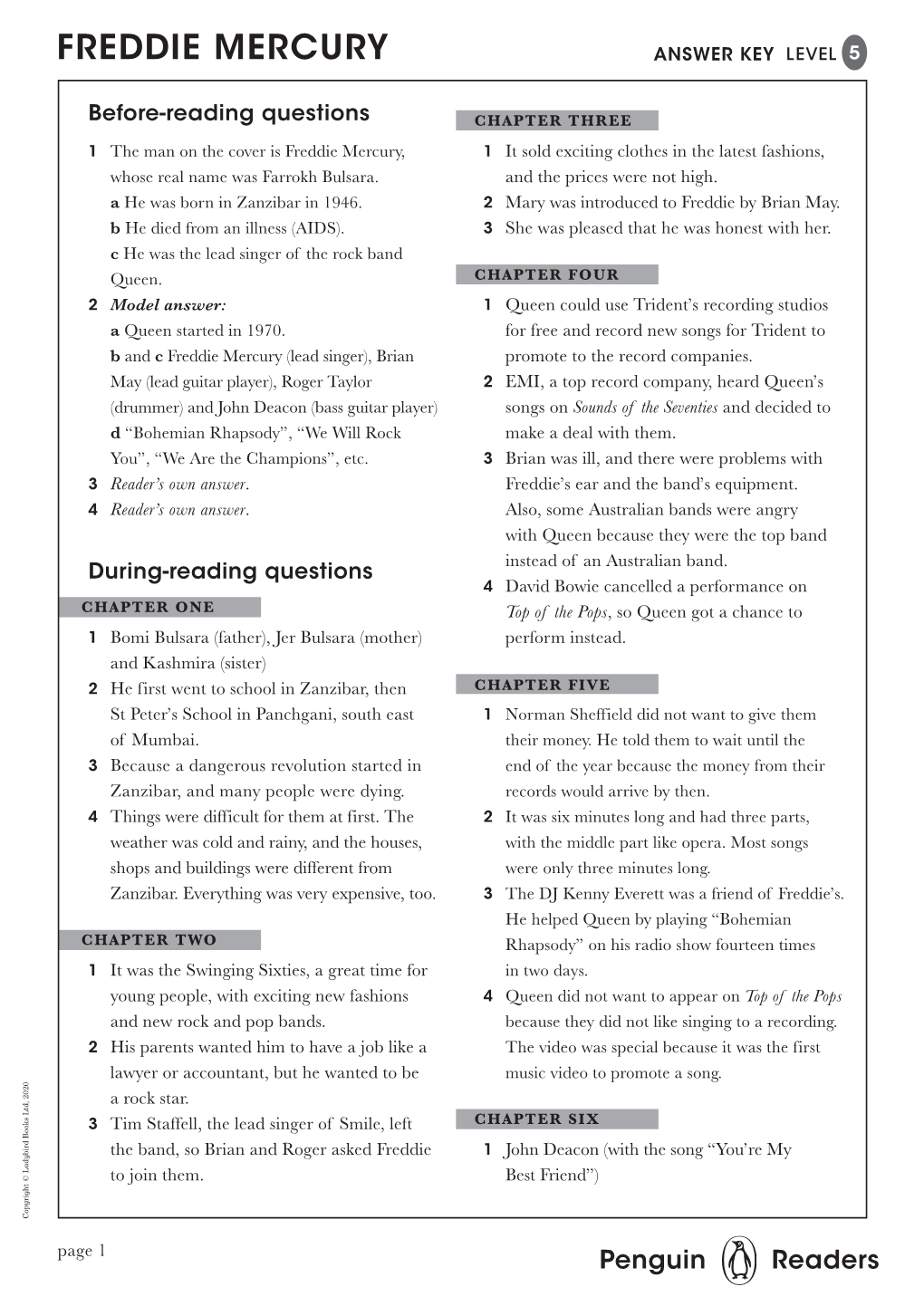 Freddie Mercury Answer Key Level 5