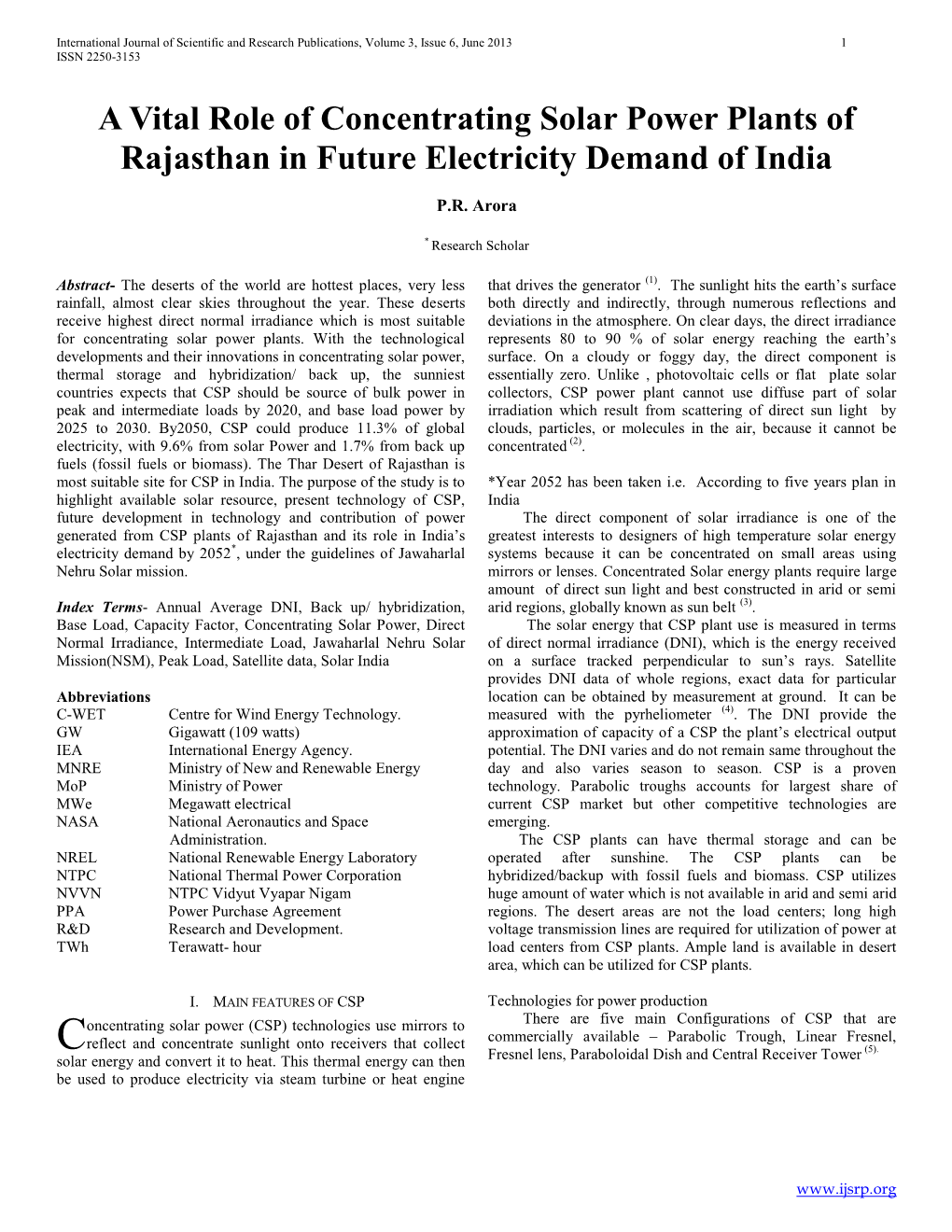 A Vital Role of Concentrating Solar Power Plants of Rajasthan in Future Electricity Demand of India