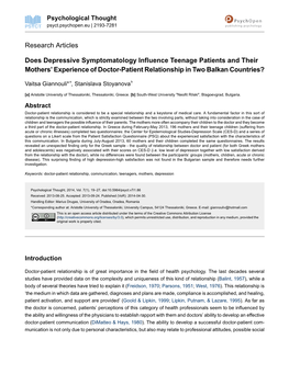 Does Depressive Symptomatology Influence Teenage Patients and Their Mothers’ Experience of Doctor-Patient Relationship in Two Balkan Countries?