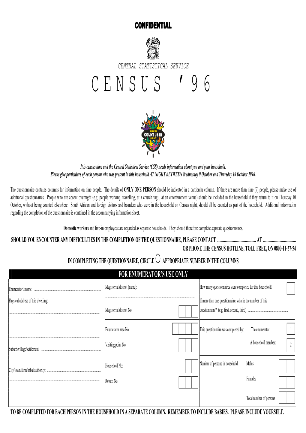 South Africa 1996 Census Enumeration Form