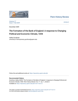 The Formation of the Bank of England: a Response to Changing Political and Economic Climate, 1694