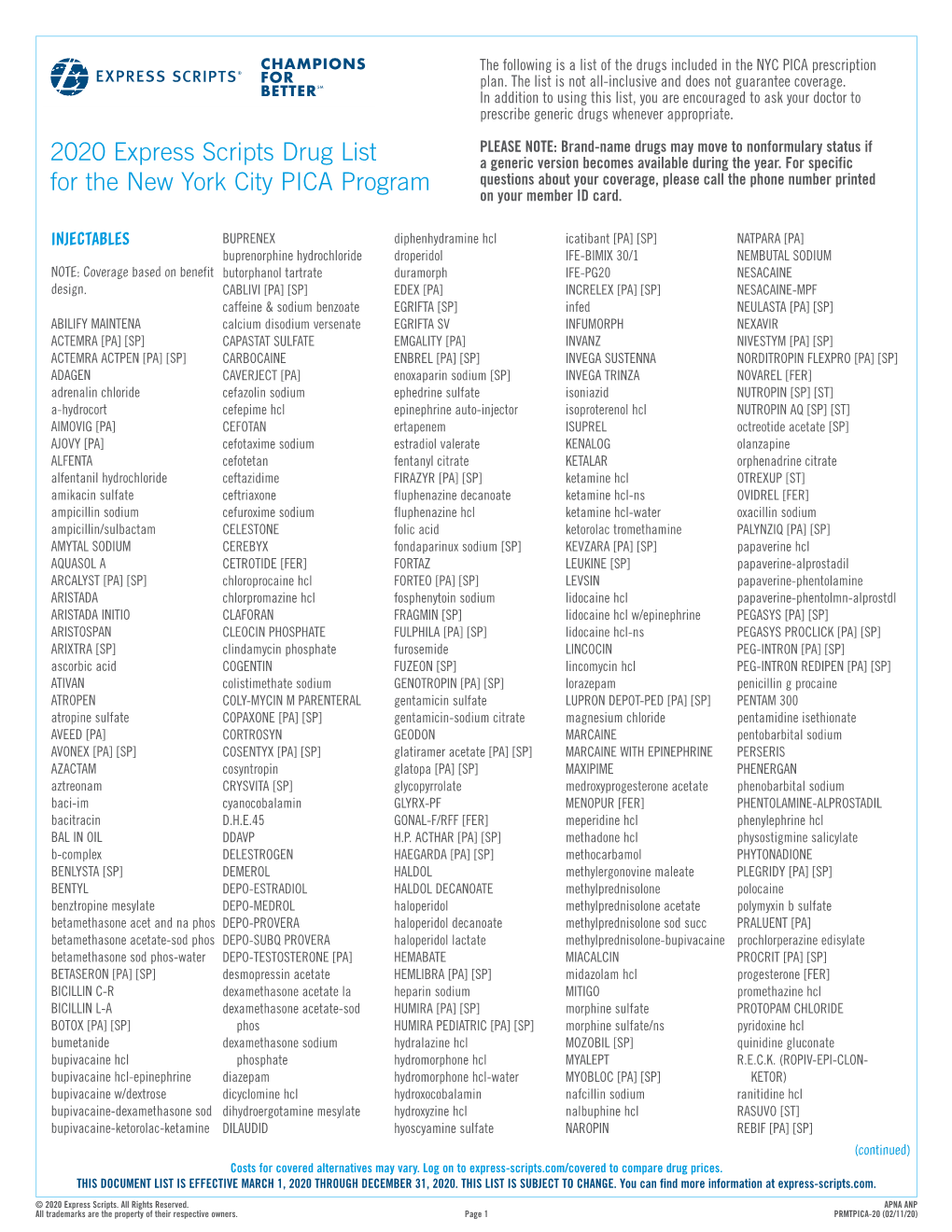 2020 Express Scripts Drug List for the NYC PICA Plan