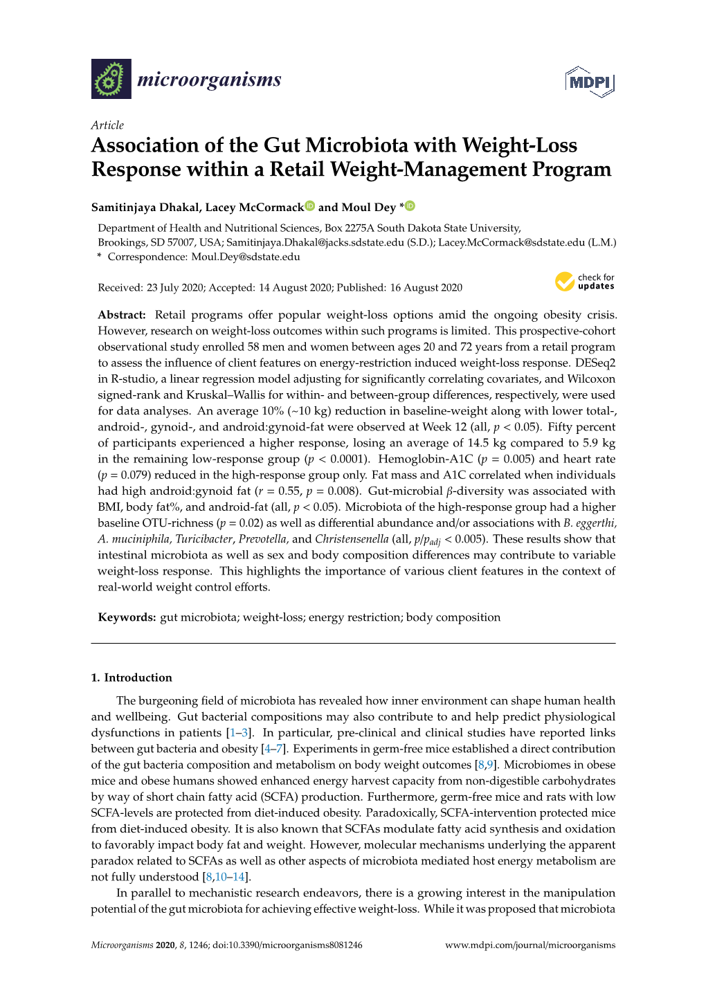 Association of the Gut Microbiota with Weight-Loss Response Within a Retail Weight-Management Program