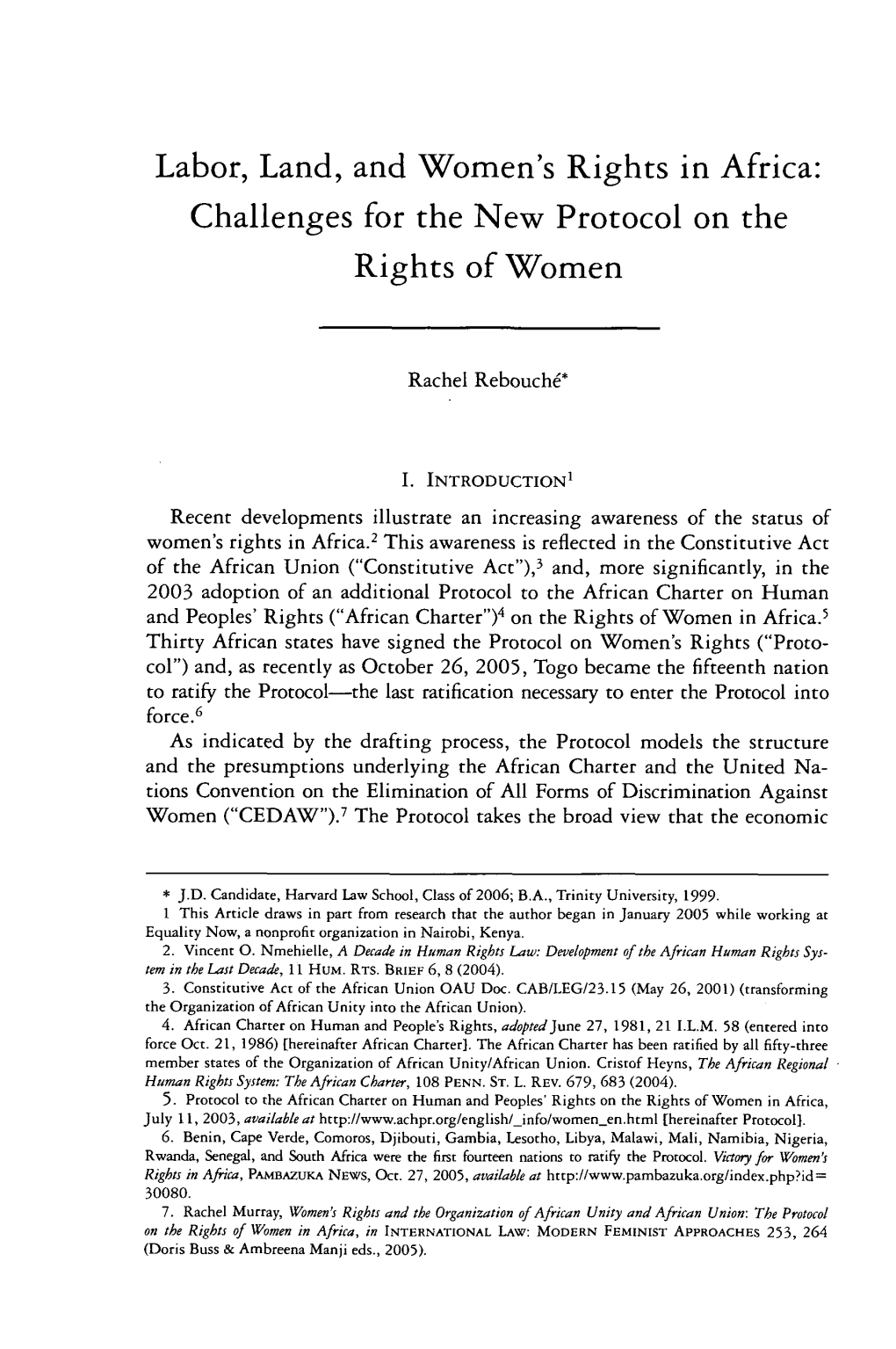 Labor, Land, and Women's Rights in Africa: Challenges for the New Protocol on the Rights of Women