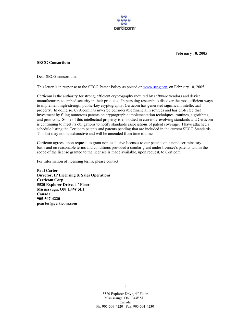 Certicom's Patent Letter to SECG