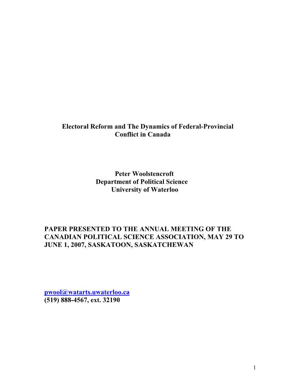 Electoral Reform and Resolution of Federal-Provincial Conflict