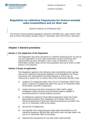 Regulation on Collective Frequencies for Licence-Exempt Radio Transmitters and on Their Use
