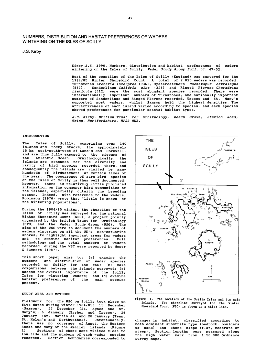 Numbers, Distribution and Habitat Preferences of Waders Wintering on the Isles of Scilly