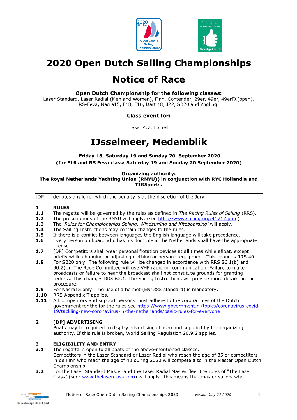 2020 Open Dutch Sailing Championships Notice of Race