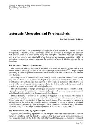 Autogenic Abreaction and Psychoanalysis