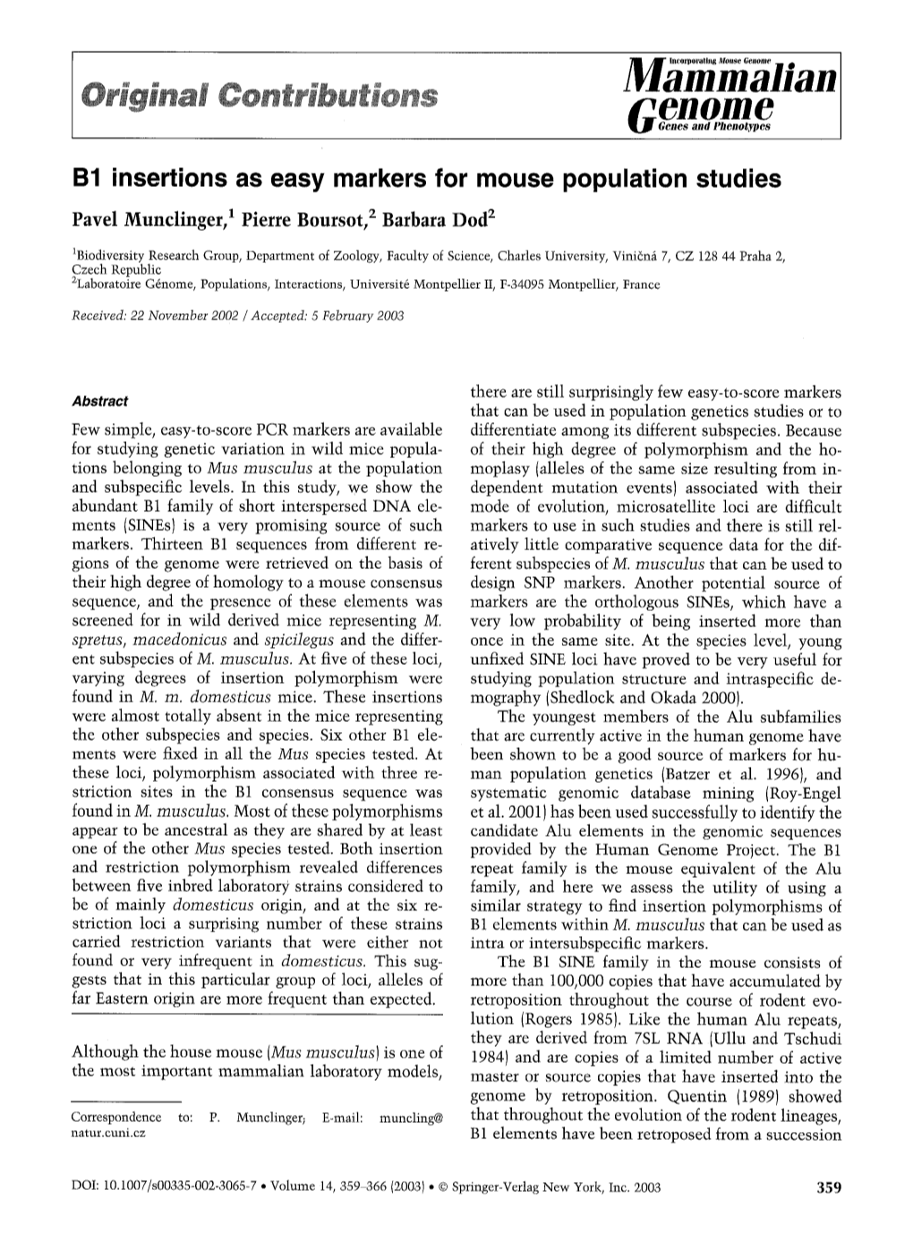 B1 Insertions As Easy Markers for Mouse Population Studies