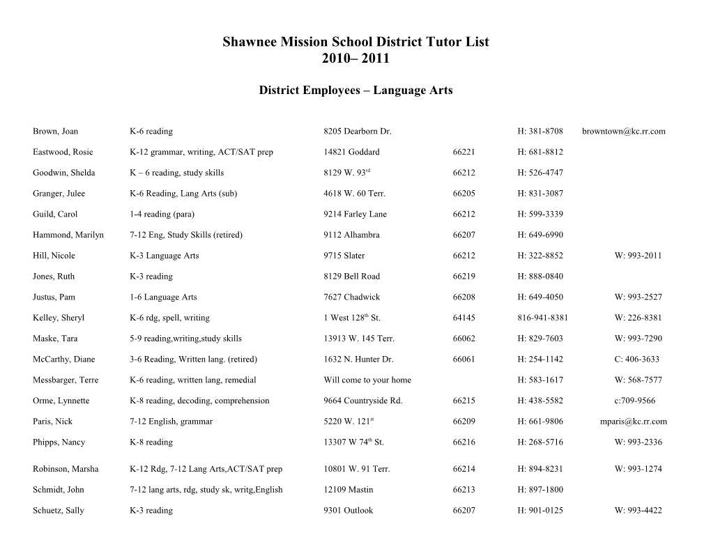 Shawnee Mission School District Tutor List