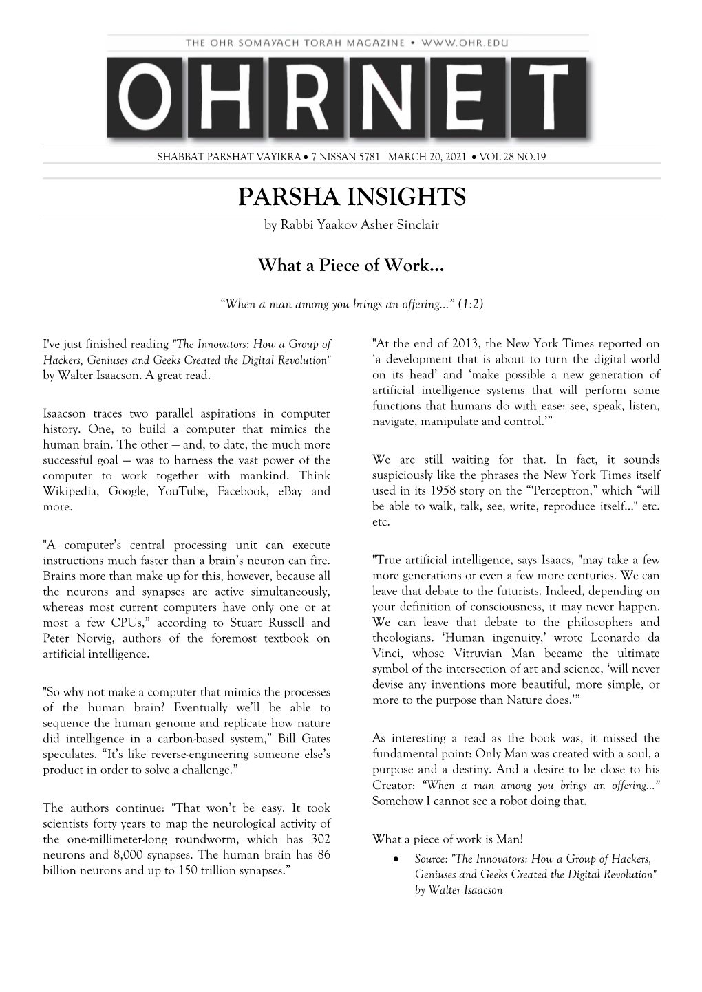 PARSHA INSIGHTS by Rabbi Yaakov Asher Sinclair