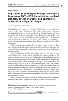 Vulgar Latin As an Emergent Concept in the Italian Renaissance (1435–1601): Its Ancient and Medieval Prehistory and Its Emergence and Development in Renaissance Linguistic Thought
