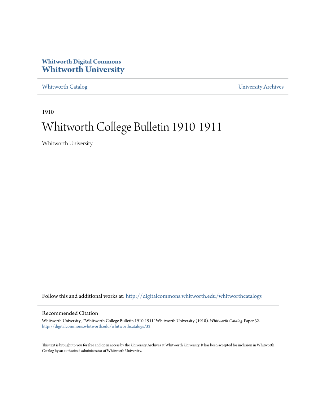 Whitworth College Bulletin 1910-1911 Whitworth University