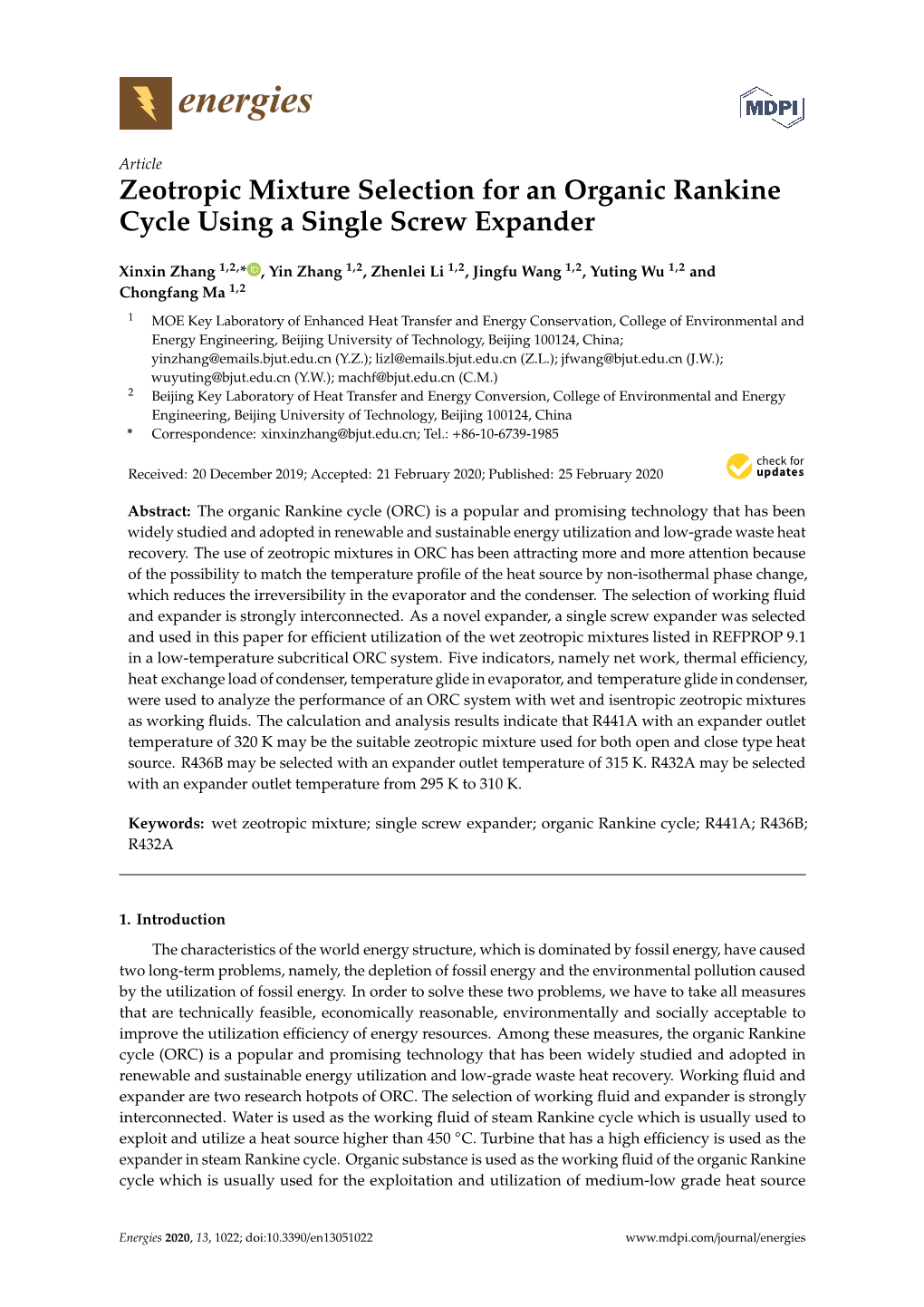 Zeotropic Mixture Selection for an Organic Rankine Cycle Using a Single Screw Expander