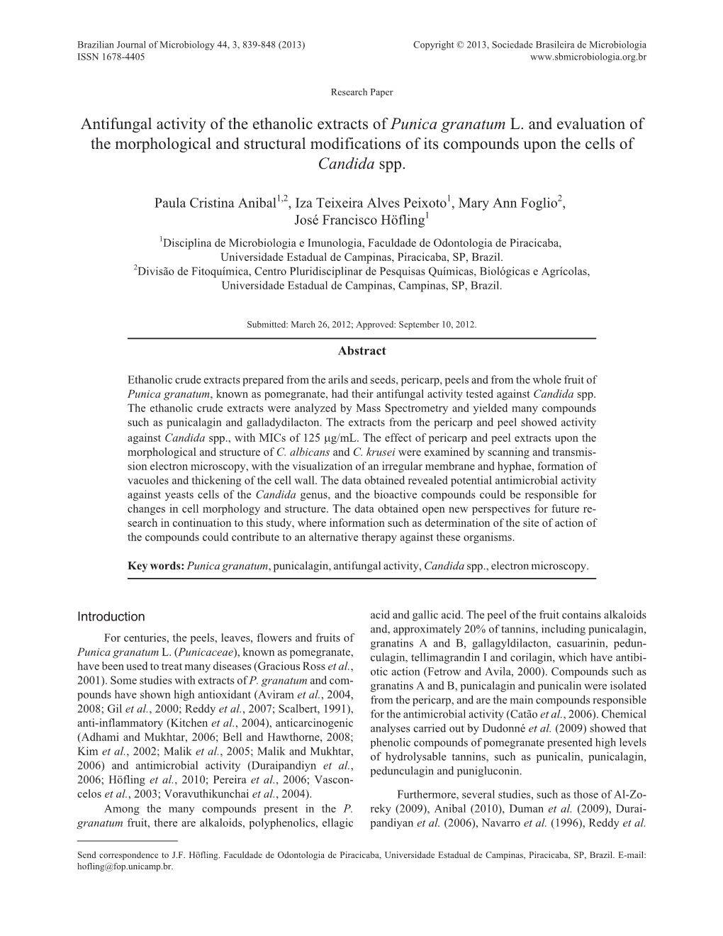 Antifungal Activity of the Ethanolic Extracts of Punica Granatum L. And