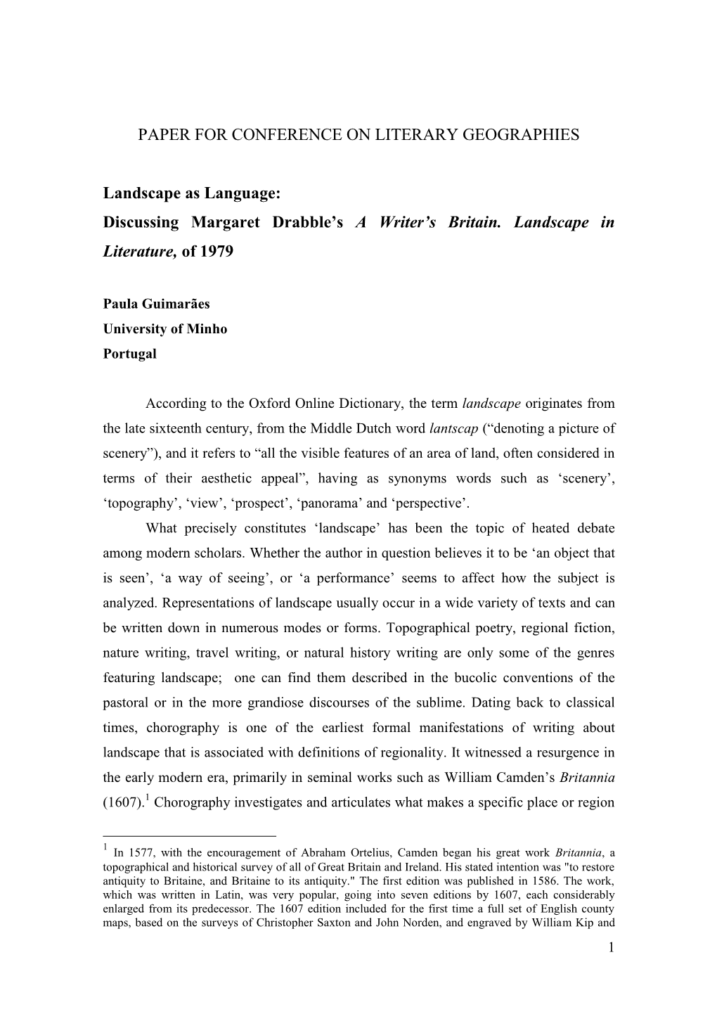 Paper for Conference on Literary Geographies