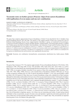 Taxonomic Notes on Feather Grasses (Poaceae: Stipa) from Eastern Kazakhstan with Typification of Seven Names and One New Combination