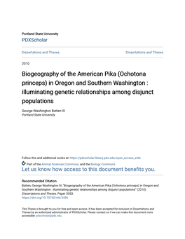 Biogeography of the American Pika (Ochotona Princeps) in Oregon and Southern Washington : Illuminating Genetic Relationships Among Disjunct Populations