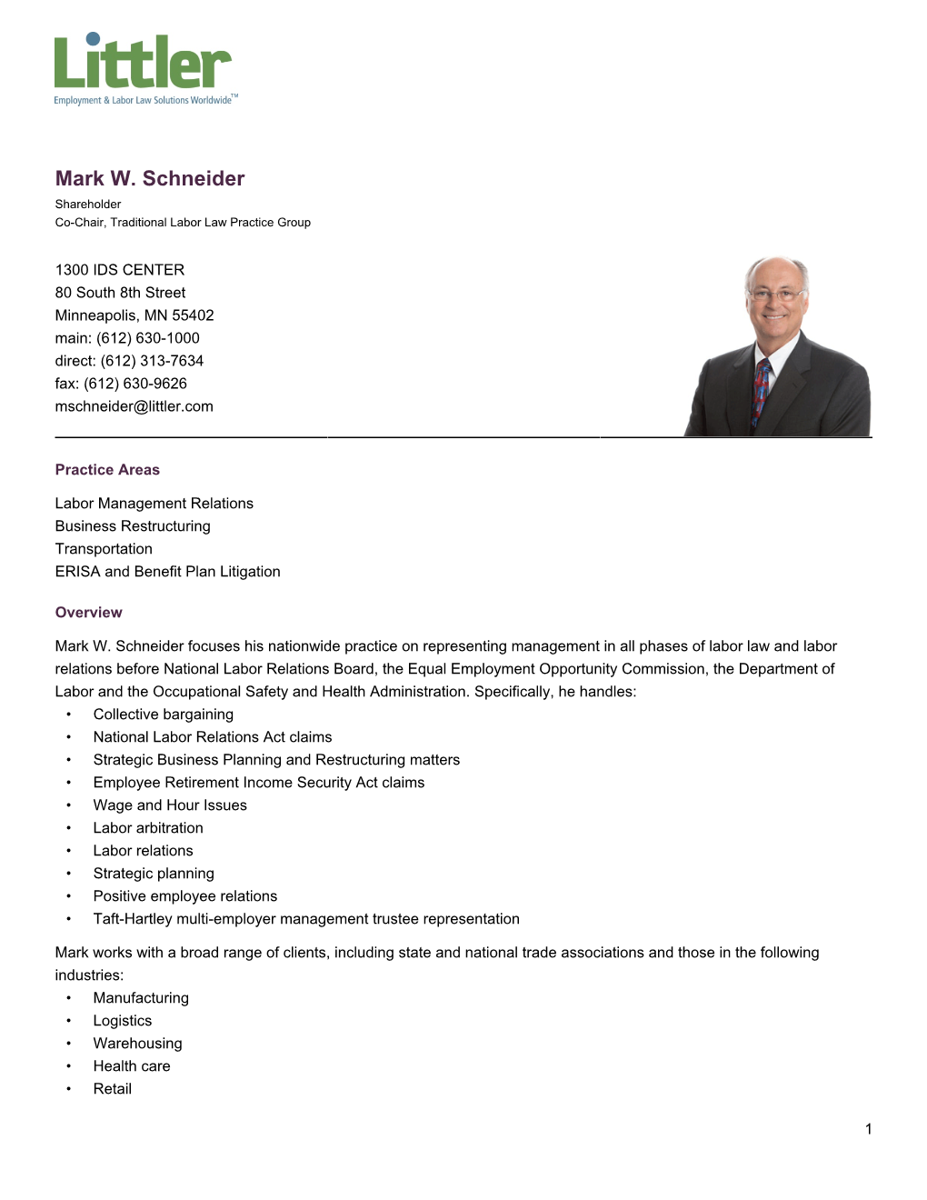 Mark W. Schneider Shareholder Co-Chair, Traditional Labor Law Practice Group