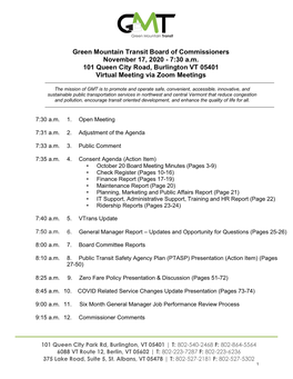 Green Mountain Transit Board of Commissioners November 17, 2020 - 7:30 A.M